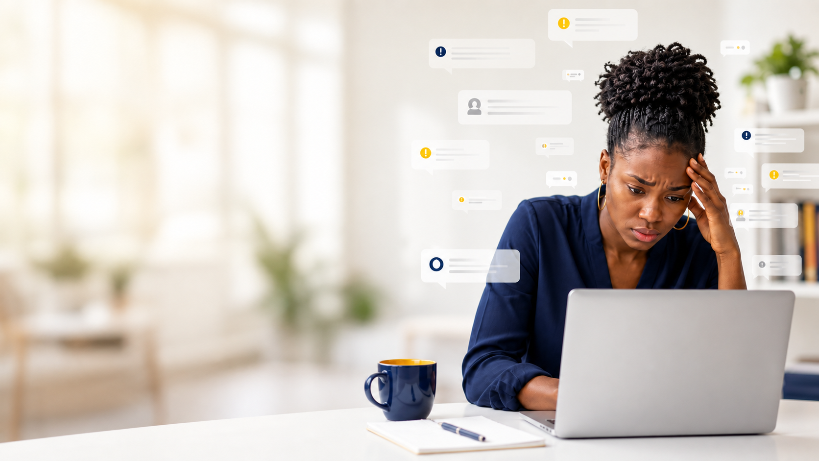 Woman reviewing conflicting travel advice on her laptop